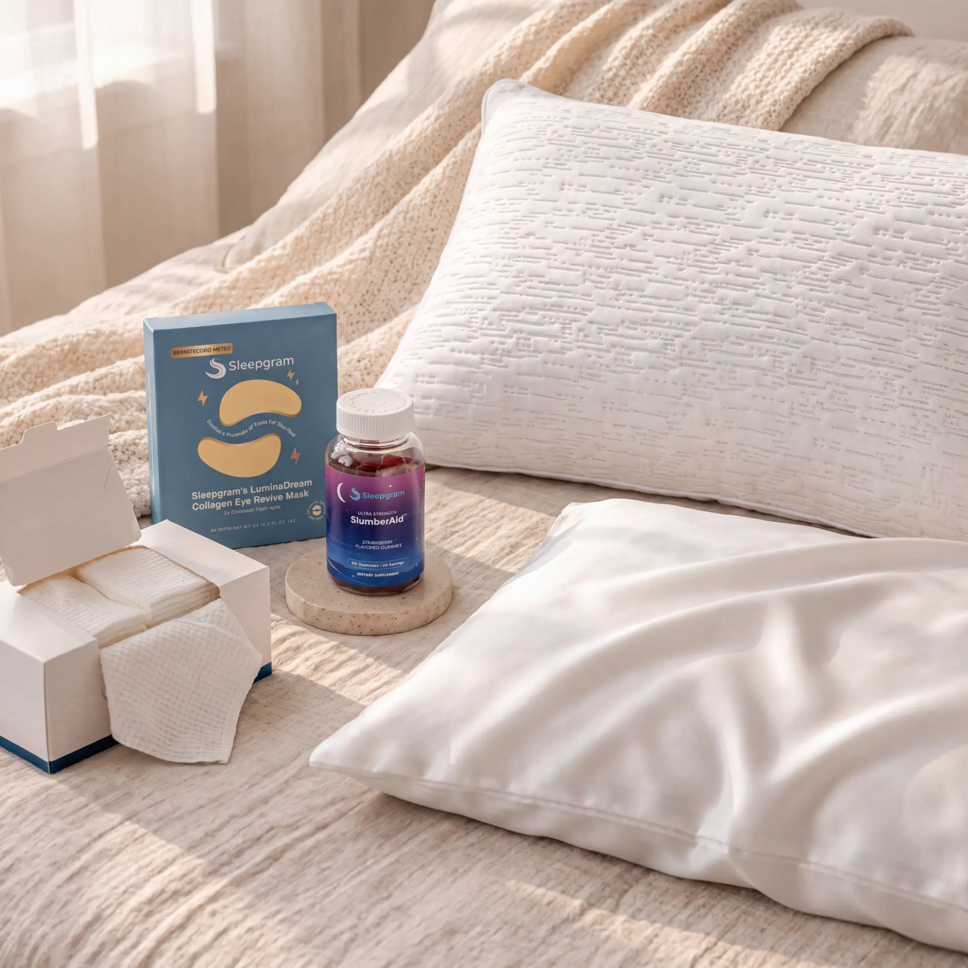 Sleep Reset Kit: adjustable Luxe pillow, SlumberAid, LuminaDream collagen eye mask, organic bamboo pillowcase and Face Towels XL