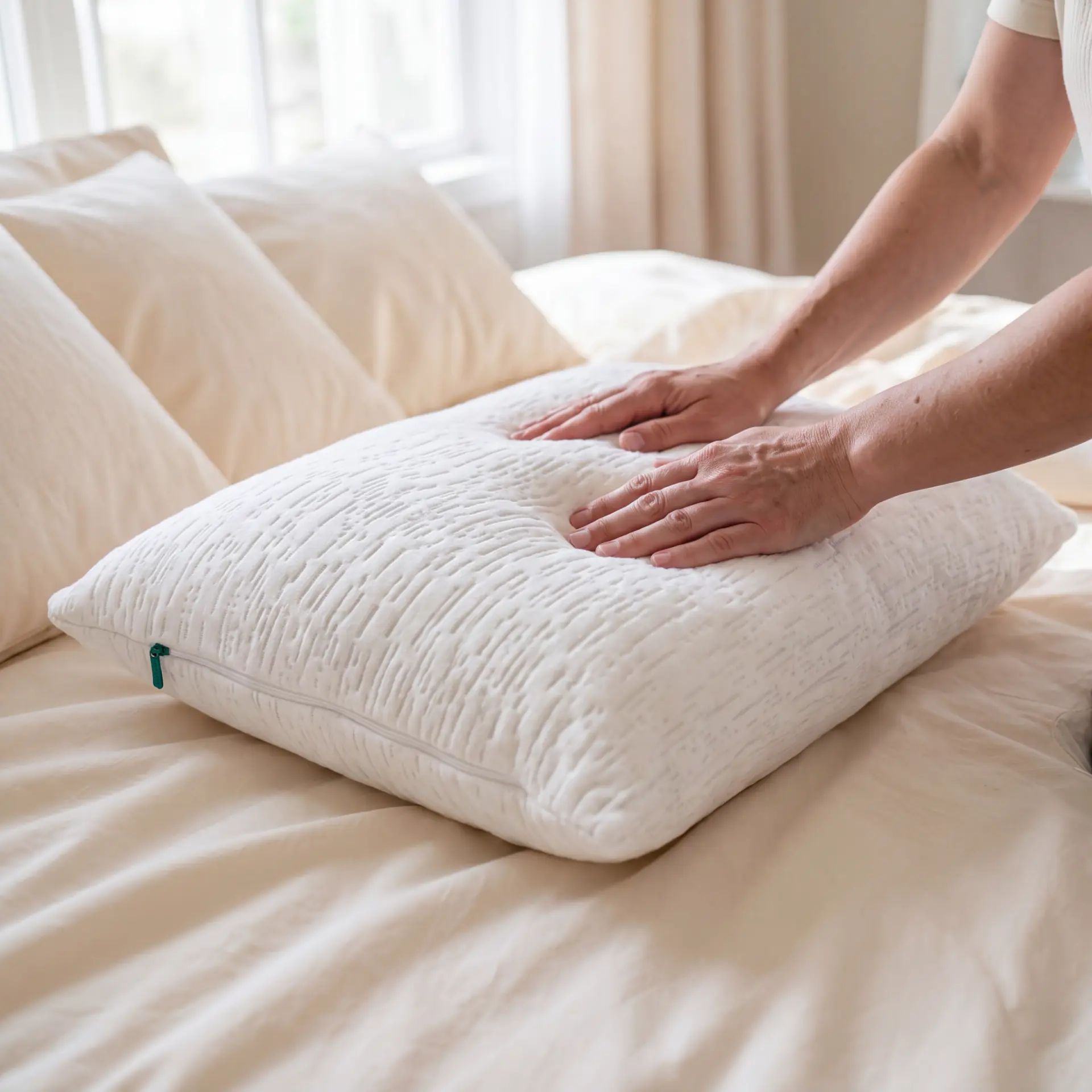 Hands adjusting a plush Sleepgram pillow on a bed with cream sheets